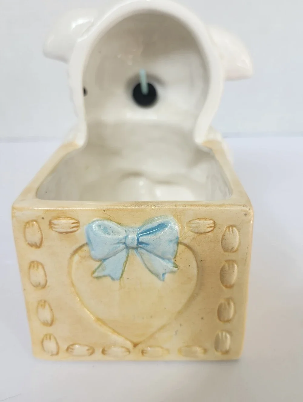 Vintage White Ceramic Lamb Planter with Blue Bib and Pacifier Baby Shower